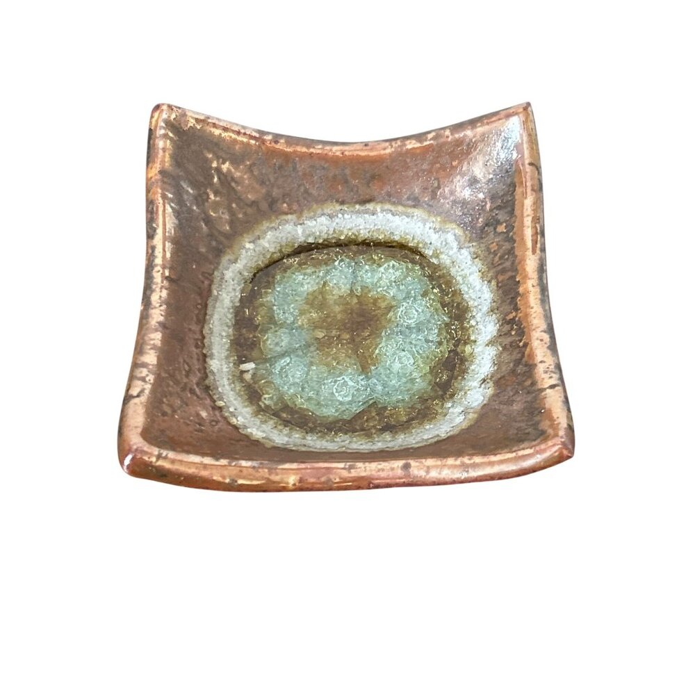 Dock 6 Pottery Trinket Dish Geode Crackle Glass Center Copper Glaze 5" Organic